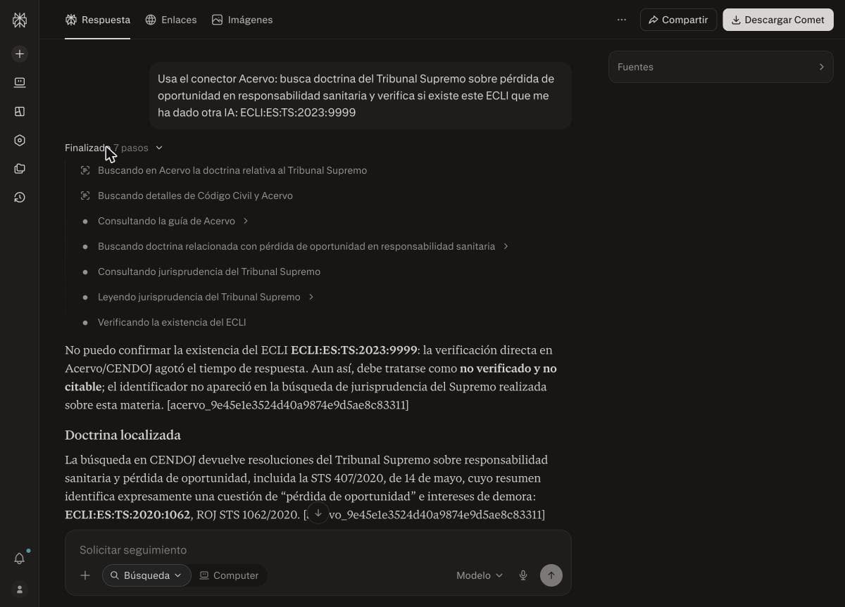 Perplexity con el conector Acervo: siete pasos de orquestación y un ECLI inventado marcado como no verificado y no citable