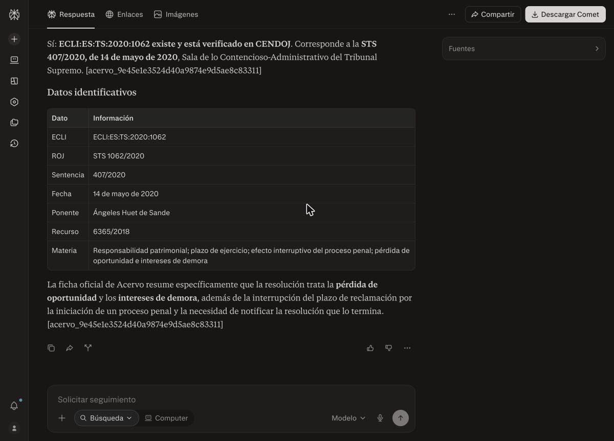 Perplexity con el conector Acervo verificando un ECLI real: existe y está verificado en CENDOJ, con su ficha completa